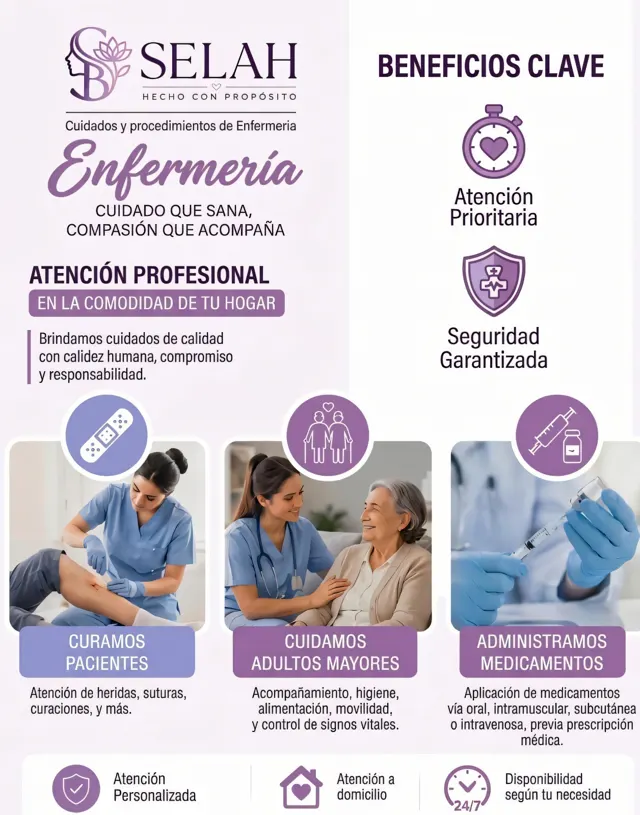 Servicios de enfermería de Clínica SELAH: curación de pacientes, cuidado de adultos mayores y administración de medicamentos